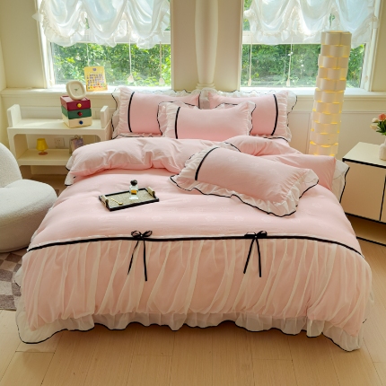 漫布云2025春夏韩版公主风小香风公主风水洗棉工艺款四件套法式蕾丝花边床裙款四件套 小香—樱花粉