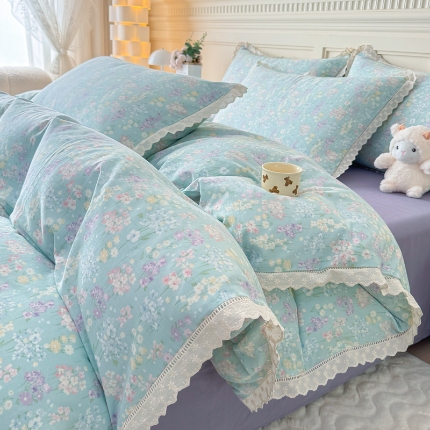 （总）【苏东来】2025韩版蕾丝花边纯棉全棉双层纱四件套全棉纯棉小碎花印花四件套法式赫本公主风韩系皱皱纱花边四件套针织棉四件套件