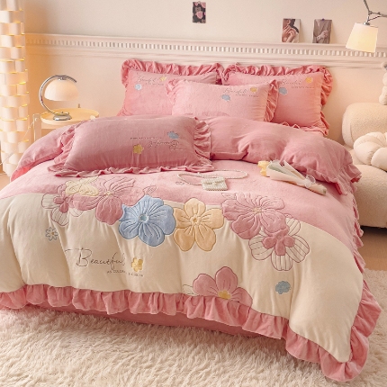 91家纺网 家纺一手货源 找家纺 （总）【苏东来】高端韩版少女心法式花边公主风纯色牛奶绒贴布绣刺绣四件套小清新兔毛绒法莱绒绣花床盖被套四件套