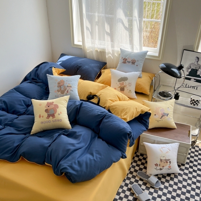 91家纺网 家纺一手货源 找家纺 （总）2025新款双拼水洗棉四件套搭配抱枕套装多巴胺风可爱床单被套抱枕五件套床品套件