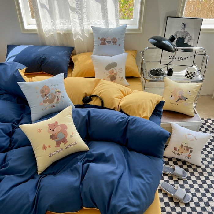 91家纺网 家纺一手货源 找家纺 （总）2025新款双拼水洗棉四件套搭配抱枕套装多巴胺风可爱床单被套抱枕五件套床品套件