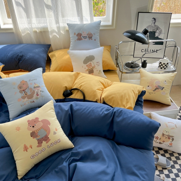 91家纺网 家纺一手货源 找家纺 （总）2025新款双拼水洗棉四件套搭配抱枕套装多巴胺风可爱床单被套抱枕五件套床品套件