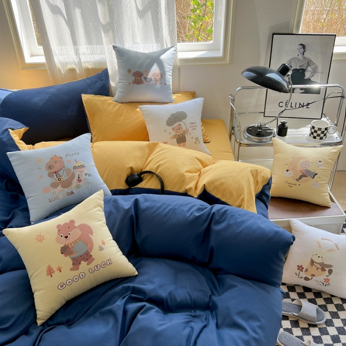 91家纺网 家纺一手货源 找家纺 （总）2025新款双拼水洗棉四件套搭配抱枕套装多巴胺风可爱床单被套抱枕五件套床品套件
