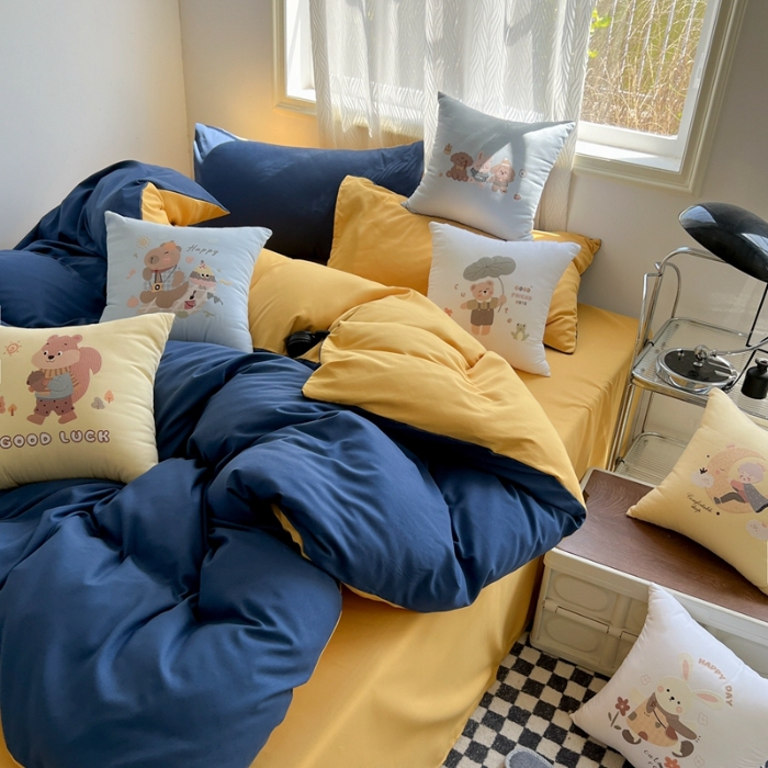 91家纺网 家纺一手货源 找家纺 （总）2025新款双拼水洗棉四件套搭配抱枕套装多巴胺风可爱床单被套抱枕五件套床品套件