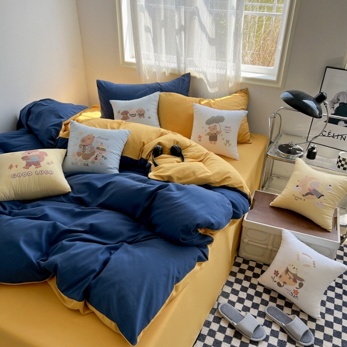 91家纺网 家纺一手货源 找家纺 （总）2025新款双拼水洗棉四件套搭配抱枕套装多巴胺风可爱床单被套抱枕五件套床品套件