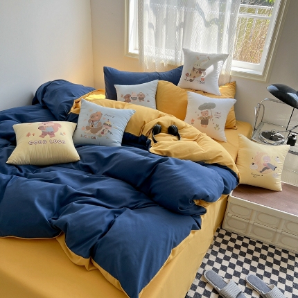 91家纺网 家纺一手货源 找家纺 （总）2025新款纯色双拼水洗棉四件套抱枕组合套装萌趣可爱抱枕学生五件套床上用品