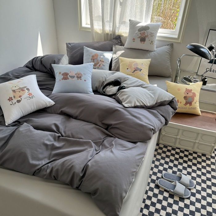 91家纺网 家纺一手货源 找家纺 （总）2025新款纯色双拼水洗棉四件套抱枕组合套装萌趣可爱抱枕学生五件套床上用品