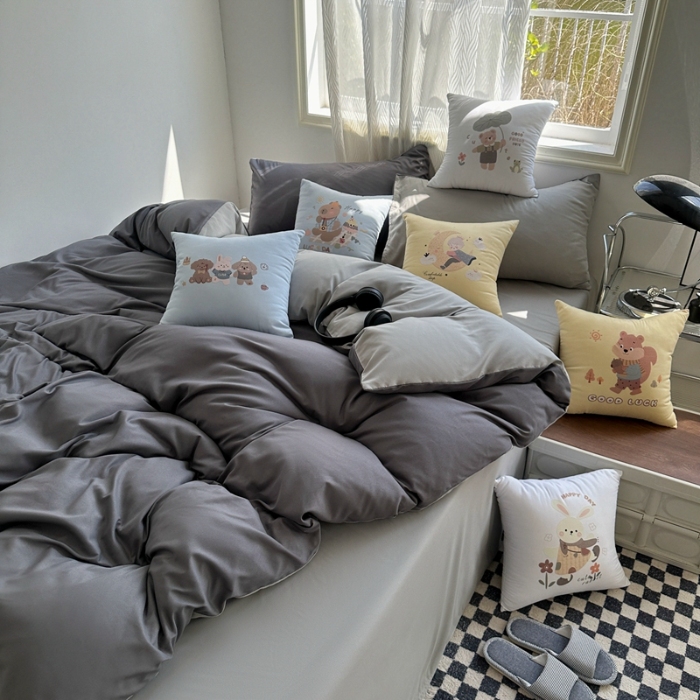 91家纺网 家纺一手货源 找家纺 （总）2025新款纯色双拼水洗棉四件套抱枕组合套装萌趣可爱抱枕学生五件套床上用品