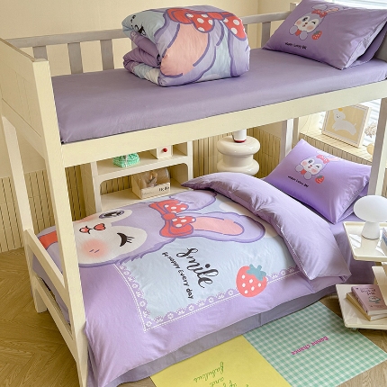 91家纺网 家纺一手货源 找家纺 （总）2025新款 专版花型 学生季上下铺全棉长绒棉纯棉数码印花卡通三件套四件套-甜美兔