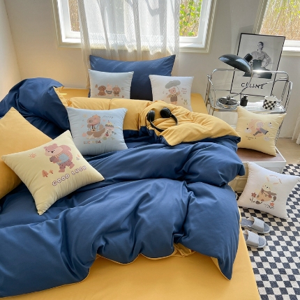 91家纺网 家纺一手货源 找家纺 （总）2025新款纯色双拼水洗棉三四件套搭配抱枕组合ins风双拼色软糯亲肤床单被套抱枕床品套件