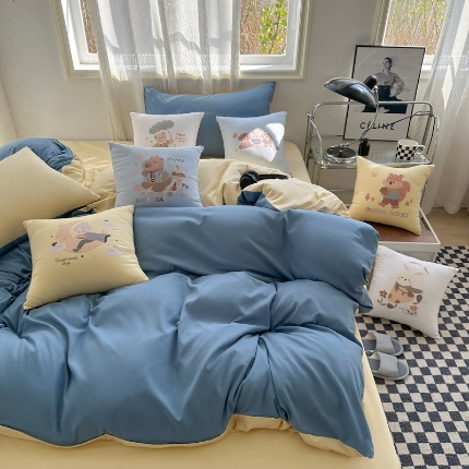 91家纺网 家纺一手货源 找家纺 （总）2025新款纯色双拼水洗棉三四件套搭配抱枕组合ins风双拼色软糯亲肤床单被套抱枕床品套件