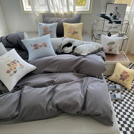 91家纺网 家纺一手货源 找家纺 （总）2025新款纯色双拼水洗棉三四件套搭配抱枕组合ins风双拼色软糯亲肤床单被套抱枕床品套件