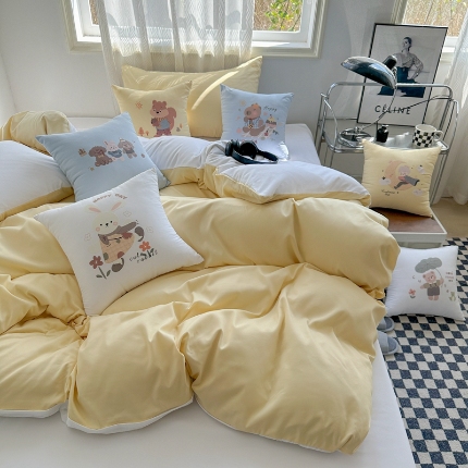 91家纺网 家纺一手货源 找家纺 （总）2025新款纯色双拼水洗棉三四件套搭配抱枕组合ins风双拼色软糯亲肤床单被套抱枕床品套件