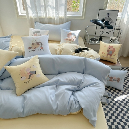 91家纺网 家纺一手货源 找家纺 （总）2025新款纯色双拼水洗棉三四件套搭配抱枕组合ins风双拼色软糯亲肤床单被套抱枕床品套件