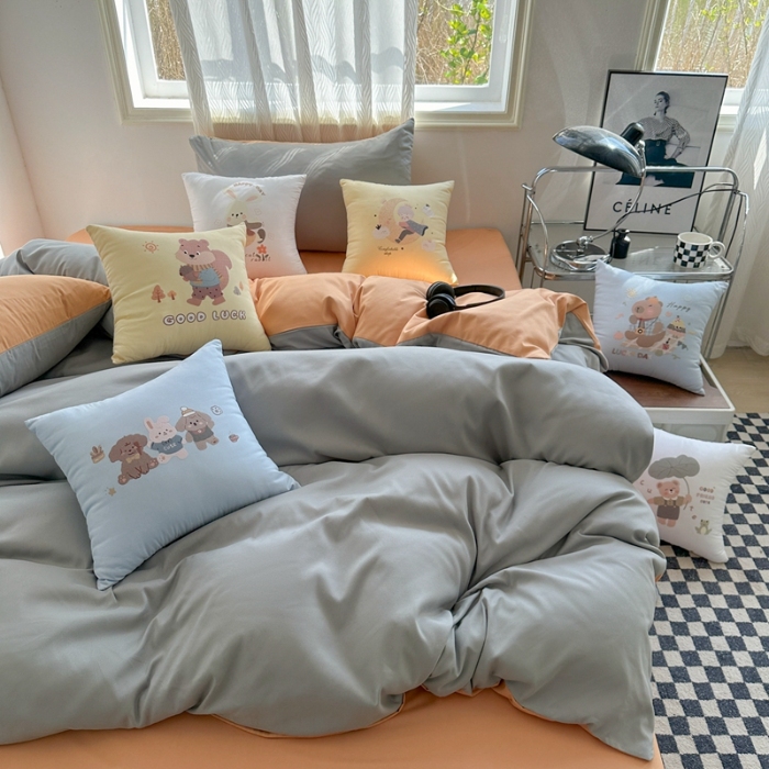 91家纺网 家纺一手货源 找家纺 （总）2025新款纯色双拼水洗棉三四件套搭配抱枕组合ins风双拼色软糯亲肤床单被套抱枕床品套件