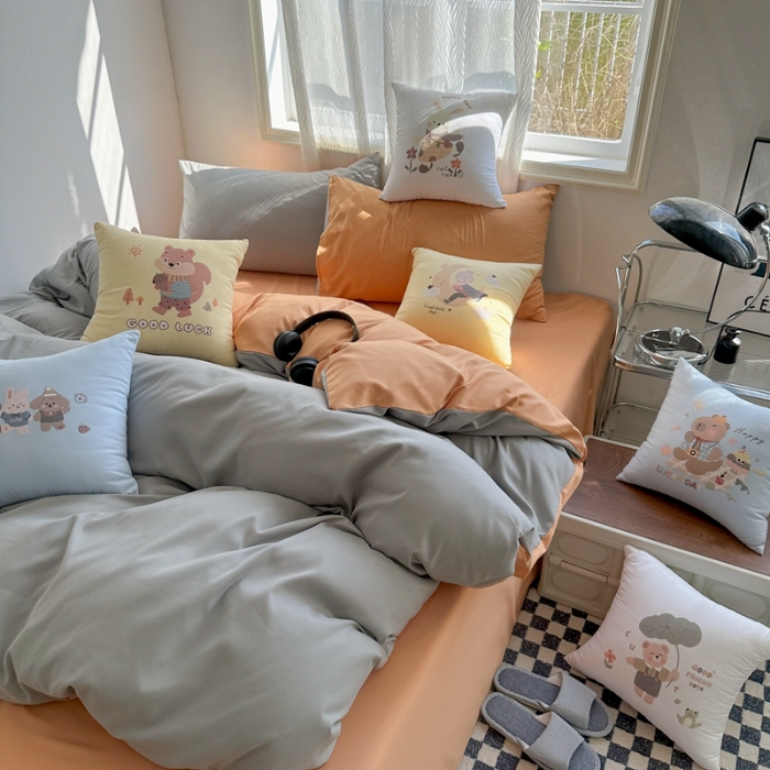 91家纺网 家纺一手货源 找家纺 （总）2025新款纯色双拼水洗棉三四件套搭配抱枕组合ins风双拼色软糯亲肤床单被套抱枕床品套件