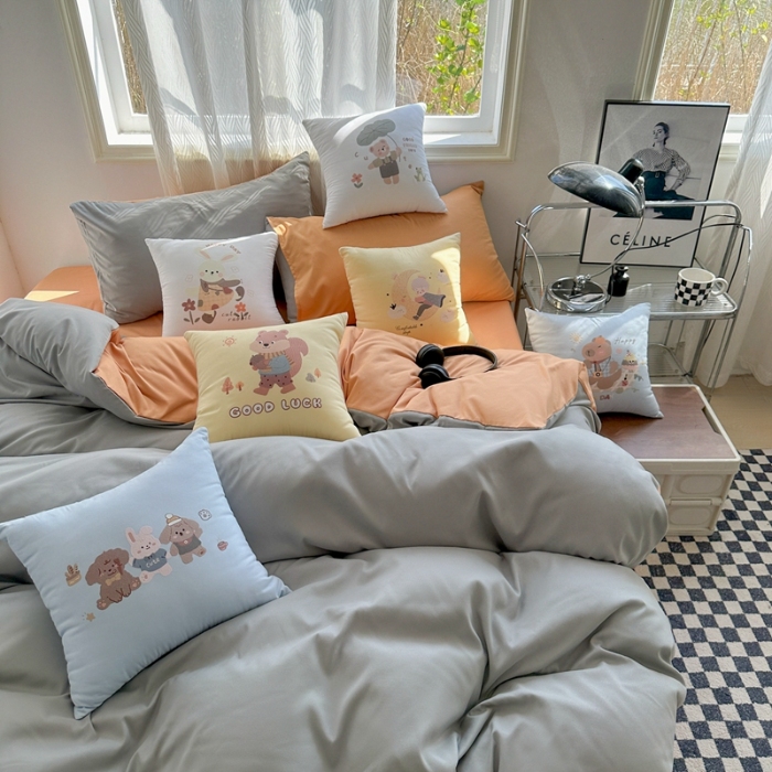 91家纺网 家纺一手货源 找家纺 （总）2025新款纯色双拼水洗棉三四件套搭配抱枕组合ins风双拼色软糯亲肤床单被套抱枕床品套件