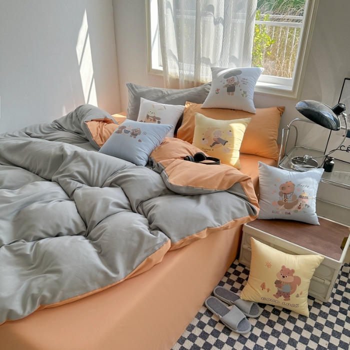 91家纺网 家纺一手货源 找家纺 （总）2025新款纯色双拼水洗棉三四件套搭配抱枕组合ins风双拼色软糯亲肤床单被套抱枕床品套件