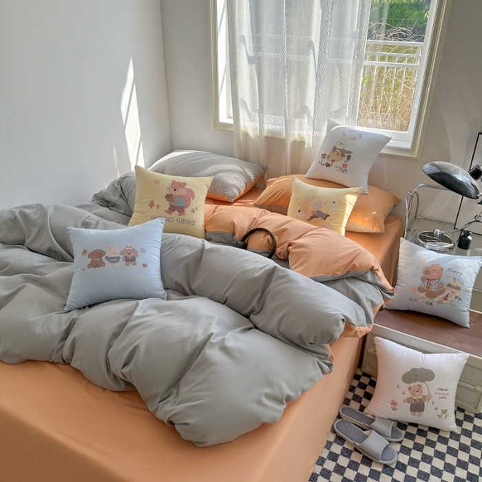 91家纺网 家纺一手货源 找家纺 （总）2025新款纯色双拼水洗棉三四件套搭配抱枕组合ins风双拼色软糯亲肤床单被套抱枕床品套件