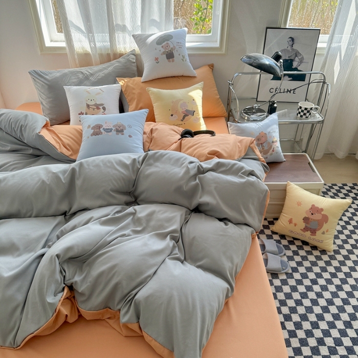 91家纺网 家纺一手货源 找家纺 （总）2025新款纯色双拼水洗棉三四件套搭配抱枕组合ins风双拼色软糯亲肤床单被套抱枕床品套件