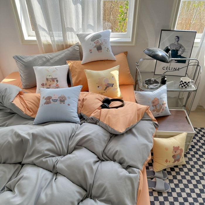 91家纺网 家纺一手货源 找家纺 （总）2025新款纯色双拼水洗棉三四件套搭配抱枕组合ins风双拼色软糯亲肤床单被套抱枕床品套件