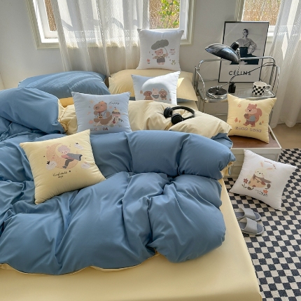 91家纺网 家纺一手货源 找家纺 （总）2025新款纯色双拼水洗棉四件套搭配抱枕组合ins风简约纯色学生套件+抱枕组合套装