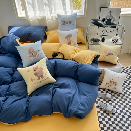 91家纺网 家纺一手货源 找家纺 （总）2025新款纯色双拼水洗棉四件套搭配抱枕组合ins风简约纯色学生套件+抱枕组合套装