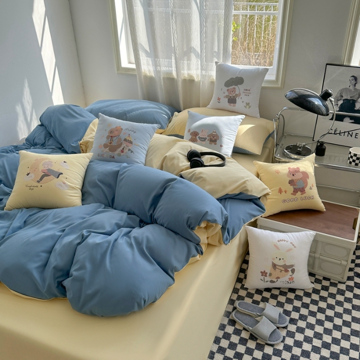 91家纺网 家纺一手货源 找家纺 （总）2025新款纯色双拼水洗棉四件套搭配抱枕组合ins风简约纯色学生套件+抱枕组合套装