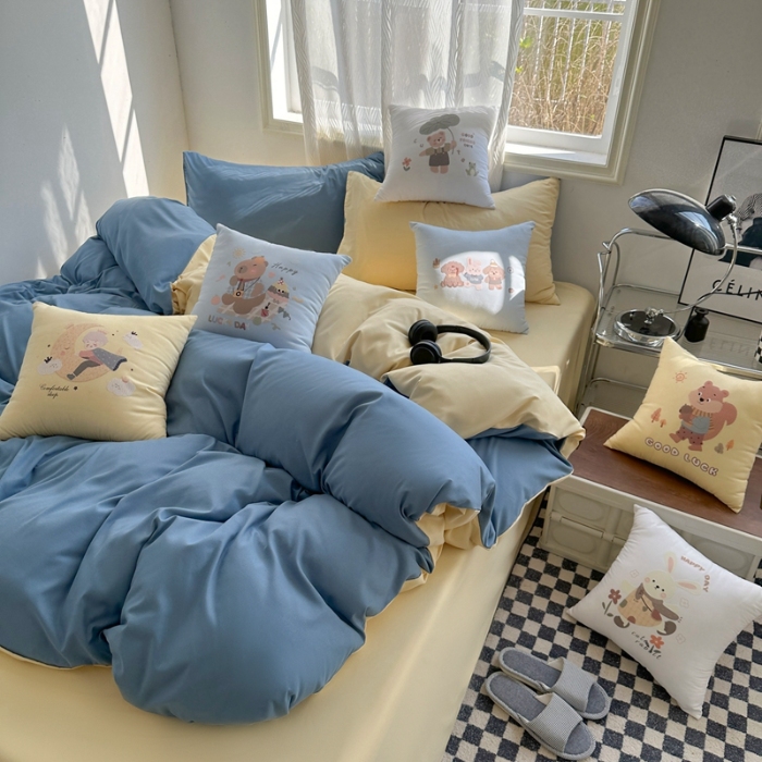 91家纺网 家纺一手货源 找家纺 （总）2025新款纯色双拼水洗棉四件套搭配抱枕组合ins风简约纯色学生套件+抱枕组合套装