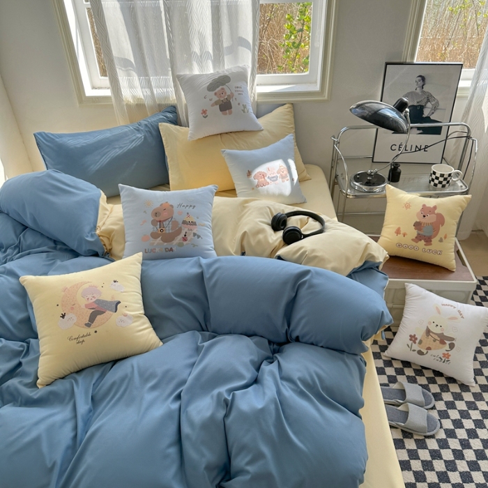 91家纺网 家纺一手货源 找家纺 （总）2025新款纯色双拼水洗棉四件套搭配抱枕组合ins风简约纯色学生套件+抱枕组合套装