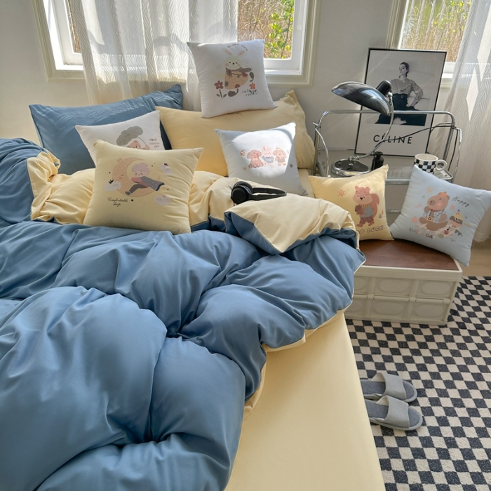 91家纺网 家纺一手货源 找家纺 （总）2025新款纯色双拼水洗棉四件套搭配抱枕组合ins风简约纯色学生套件+抱枕组合套装