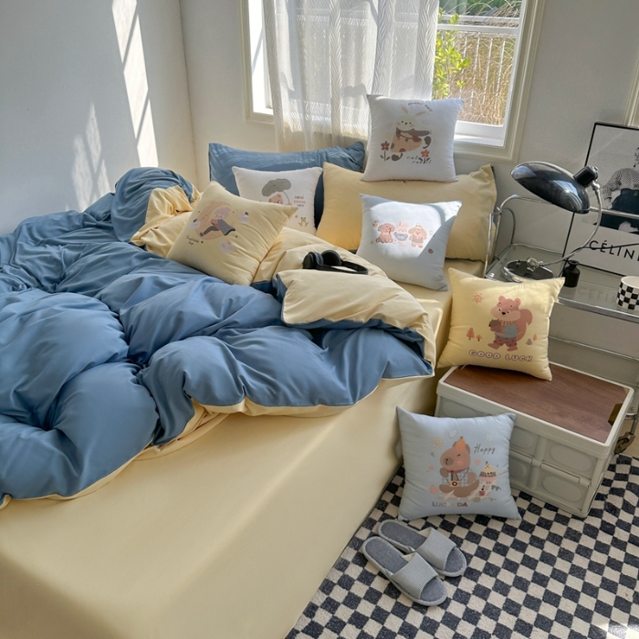 91家纺网 家纺一手货源 找家纺 （总）2025新款纯色双拼水洗棉四件套搭配抱枕组合ins风简约纯色学生套件+抱枕组合套装