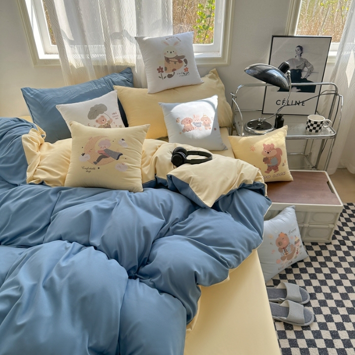 91家纺网 家纺一手货源 找家纺 （总）2025新款纯色双拼水洗棉四件套搭配抱枕组合ins风简约纯色学生套件+抱枕组合套装