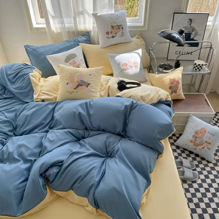 91家纺网 家纺一手货源 找家纺 （总）2025新款纯色双拼水洗棉四件套搭配抱枕组合ins风简约纯色学生套件+抱枕组合套装