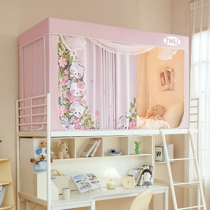 91家纺网 家纺一手货源 找家纺 （总）2025新款学生植绒印花坐床蚊帐全遮光宿舍单人床上下铺通用环保透气数码印花物理强遮光