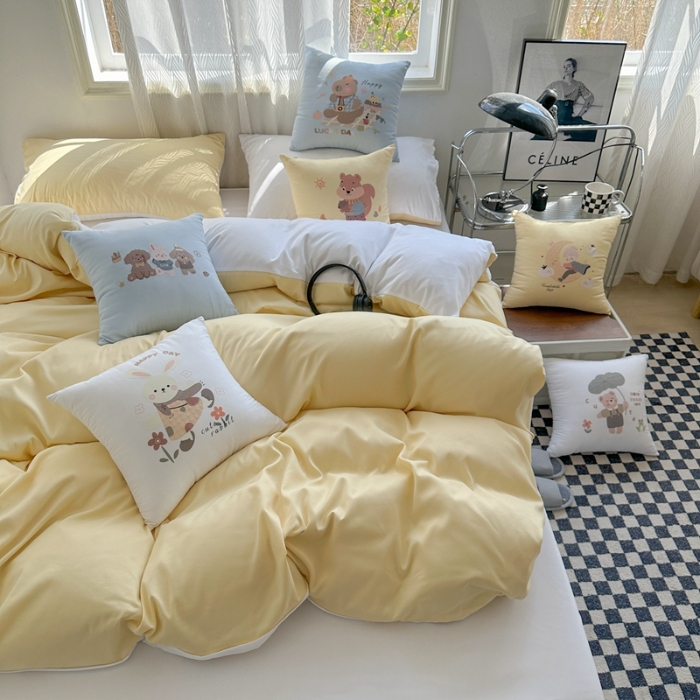 91家纺网 家纺一手货源 找家纺 （总）2025新款纯色双拼水洗棉四件套搭配抱枕组合ins日系简约软糯纯色床单被套抱枕床上用品