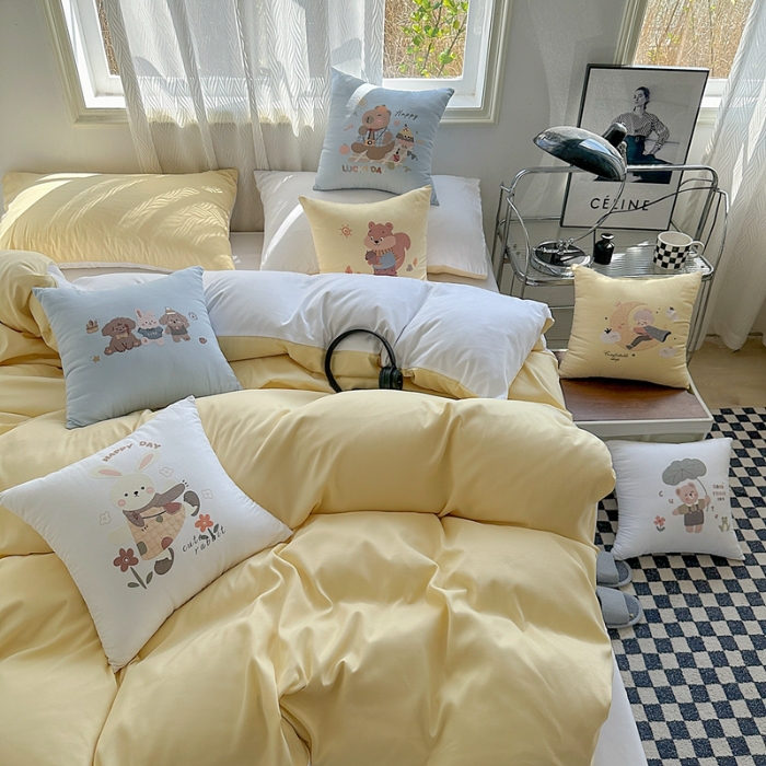 91家纺网 家纺一手货源 找家纺 （总）2025新款纯色双拼水洗棉四件套搭配抱枕组合ins日系简约软糯纯色床单被套抱枕床上用品