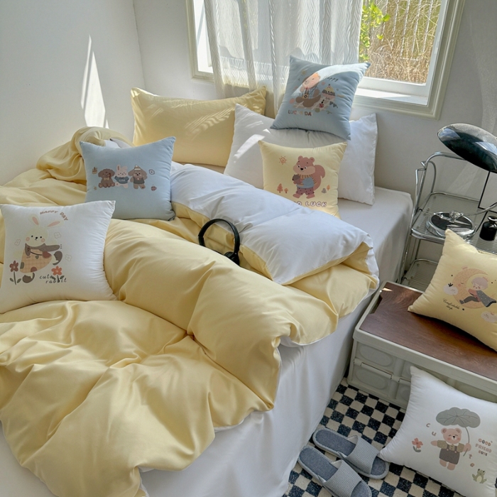 91家纺网 家纺一手货源 找家纺 （总）2025新款纯色双拼水洗棉四件套搭配抱枕组合ins日系简约软糯纯色床单被套抱枕床上用品