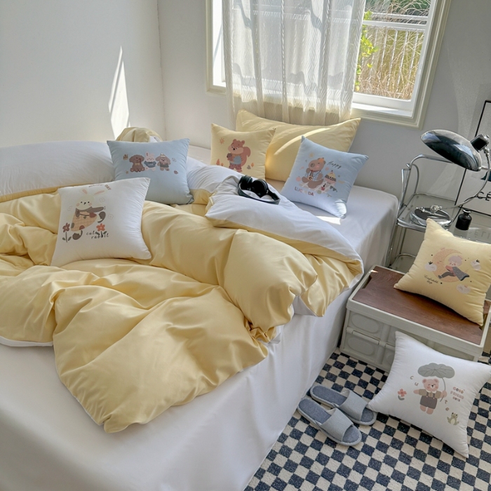 91家纺网 家纺一手货源 找家纺 （总）2025新款纯色双拼水洗棉四件套搭配抱枕组合ins日系简约软糯纯色床单被套抱枕床上用品