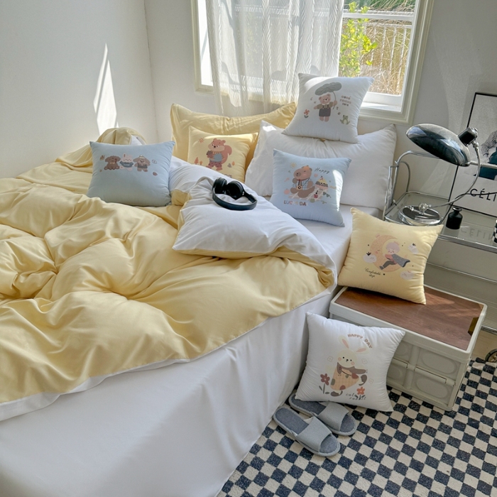 91家纺网 家纺一手货源 找家纺 （总）2025新款纯色双拼水洗棉四件套搭配抱枕组合ins日系简约软糯纯色床单被套抱枕床上用品