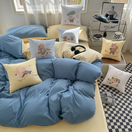 91家纺网 家纺一手货源 找家纺 （总）2025新款纯色双拼水洗棉四件套搭配抱枕组合多巴胺风软糯裸睡床单被套抱枕床上用品