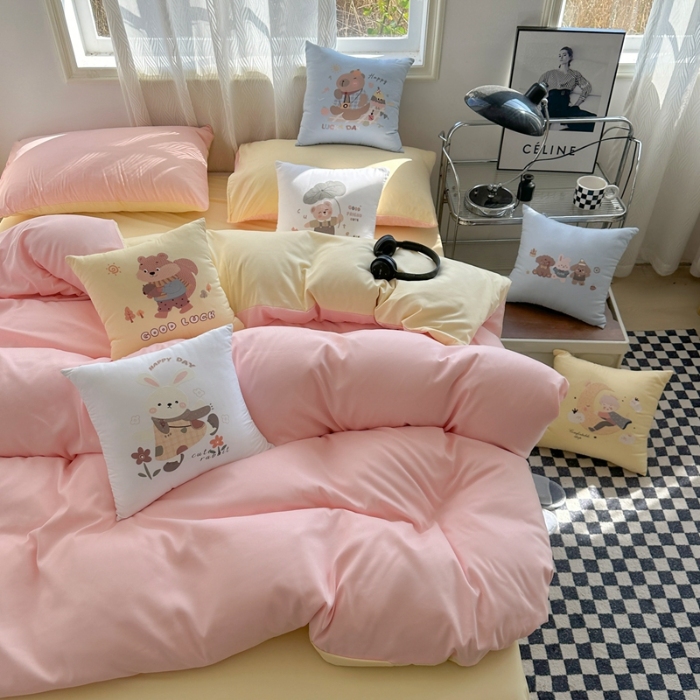 91家纺网 家纺一手货源 找家纺 （总）2025新款纯色双拼水洗棉四件套搭配抱枕组合多巴胺风软糯裸睡床单被套抱枕床上用品