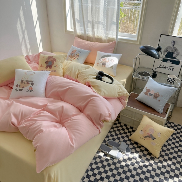 91家纺网 家纺一手货源 找家纺 （总）2025新款纯色双拼水洗棉四件套搭配抱枕组合多巴胺风软糯裸睡床单被套抱枕床上用品