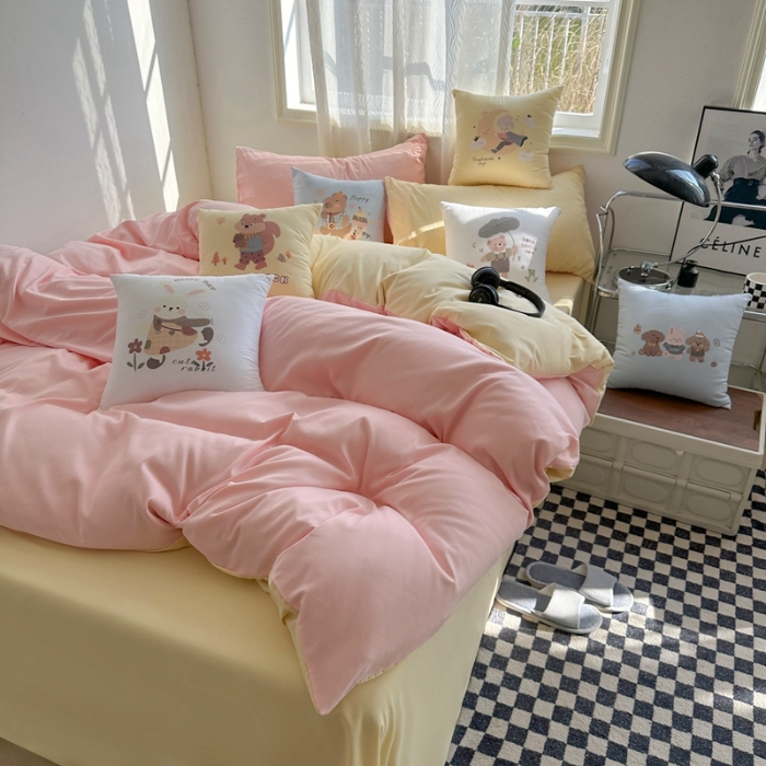 91家纺网 家纺一手货源 找家纺 （总）2025新款纯色双拼水洗棉四件套搭配抱枕组合多巴胺风软糯裸睡床单被套抱枕床上用品