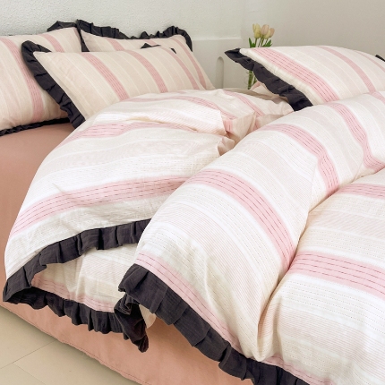 91家纺网 家纺一手货源 找家纺 （总）【苏东来】2025韩版木耳花边纯棉全棉双层纱四件套全棉纯棉小碎花印花四件套法式赫本公主风皱皱纱蕾丝花边四件套针织棉四件套件