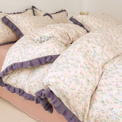 91家纺网 家纺一手货源 找家纺 （总）【苏东来】2025韩版木耳花边纯棉全棉双层纱四件套全棉纯棉小碎花印花四件套法式赫本公主风皱皱纱蕾丝花边四件套针织棉四件套件