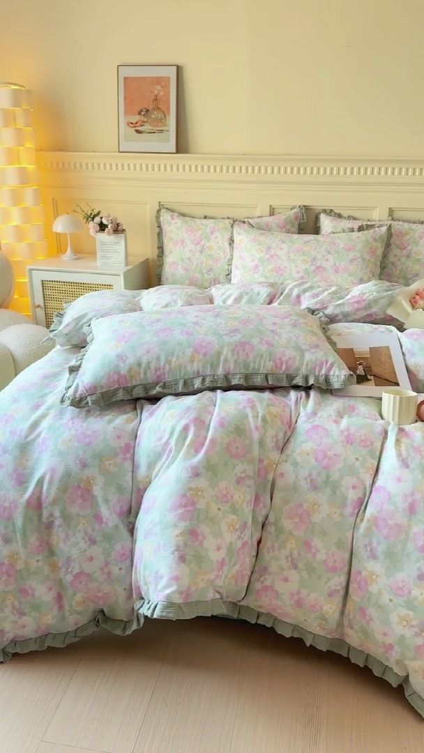 91家纺网 家纺一手货源 找家纺 （总）【苏东来】2025韩版木耳花边纯棉全棉双层纱四件套全棉纯棉小碎花印花四件套法式赫本公主风皱皱纱蕾丝花边四件套针织棉四件套件