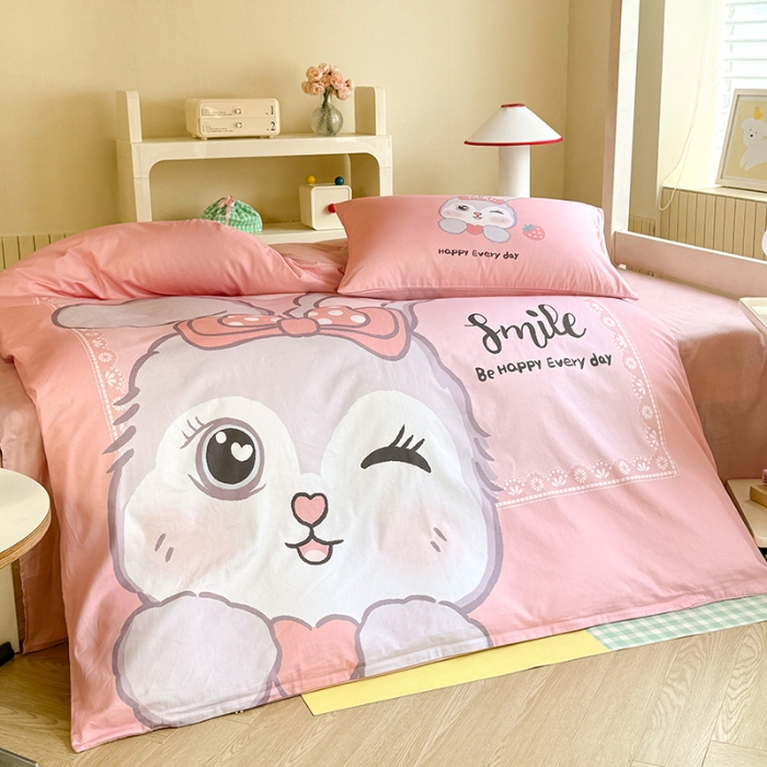 91家纺网 家纺一手货源 找家纺 （总）2025新款 专版花型 学生季上下铺全棉长绒棉纯棉数码印花卡通三件套四件套-甜美兔