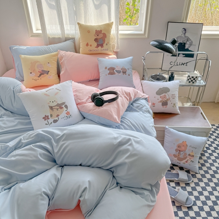 91家纺网 家纺一手货源 找家纺 （总）2025新款纯色双拼水洗棉四件套搭配抱枕组合撞色系柔软亲肤裸睡床单被套抱枕床上用品