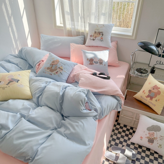 91家纺网 家纺一手货源 找家纺 （总）2025新款纯色双拼水洗棉四件套搭配抱枕组合撞色系柔软亲肤裸睡床单被套抱枕床上用品